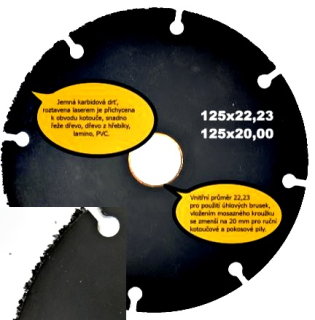 Kotouč řezný WOOD PLUS 125 univerzální vhodný pro dřevo, dřevo s hřeby, zdivo, plasty